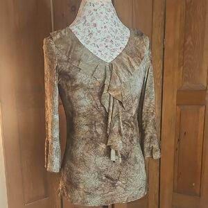 Dress Barn Brown Floral Ruffle V-Neck Blouse with 3/4 Sleeves